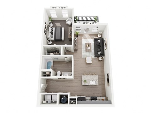 Osage 1-bedroom, 1-bathroom apartment at Nook Nine in Indianapolis, IN, boasting a spacious living area, gourmet kitchen with a large island, private balcony, and a walk-in closet, offering upscale comfort near Keystone at the Crossing.